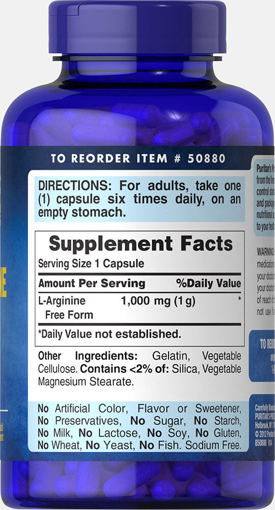 L-Arginina, salud sexual, fertilidad, fertilidad, corazón, diabetes. Puritan’s Pride. 1000 mg, 100 cápsulas