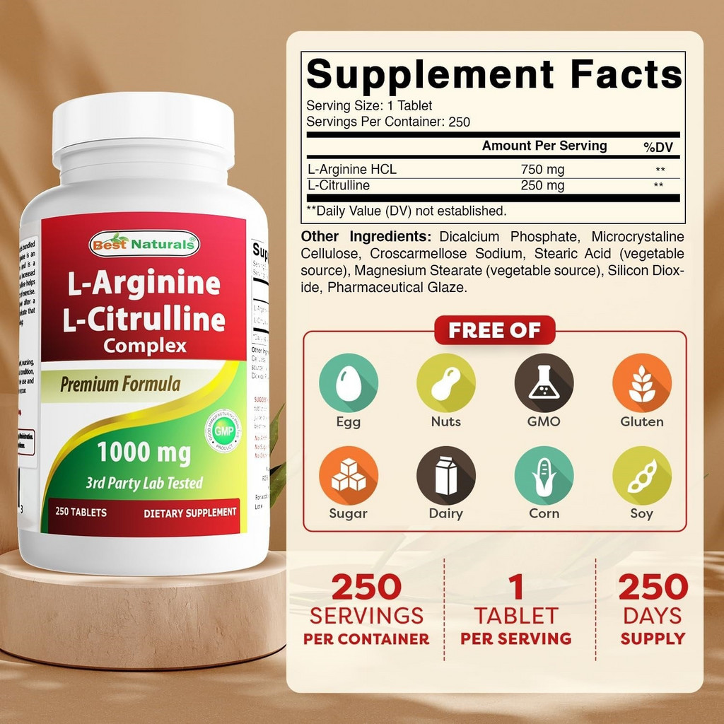 L-Arginina y L-Citrulina, Best Naturals, 1000 mg, 250 tabletas
