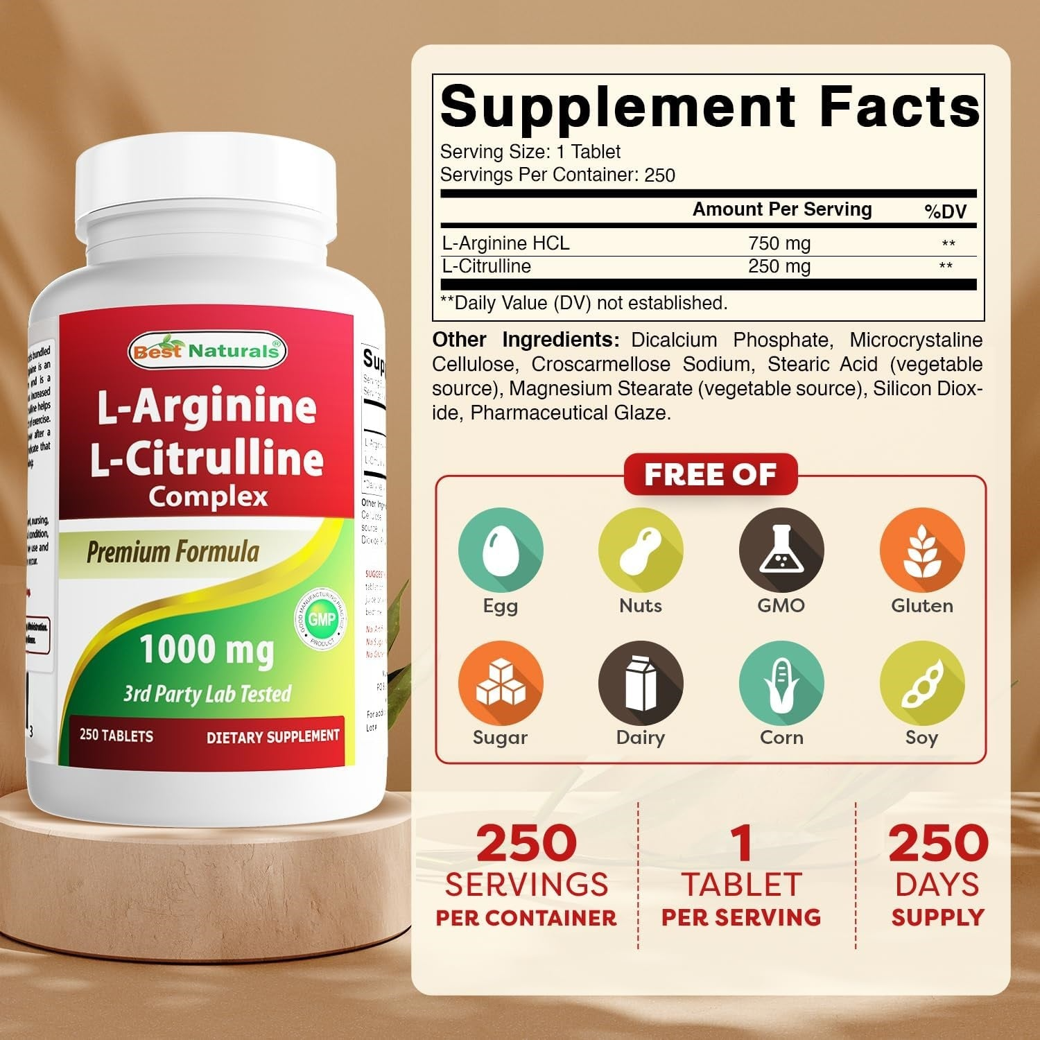 L-Arginina y L-Citrulina, Best Naturals, 1000 mg, 250 tabletas
