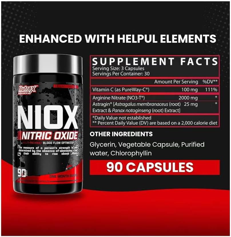 ÓXIDO NÍTRICO. NIOX Extreme Pumps, preentrenamiento de 90 unidades con nitrato de arginina, vitamina C y AstraGin para bombeo muscular, vascularización, resistencia y NO3-T