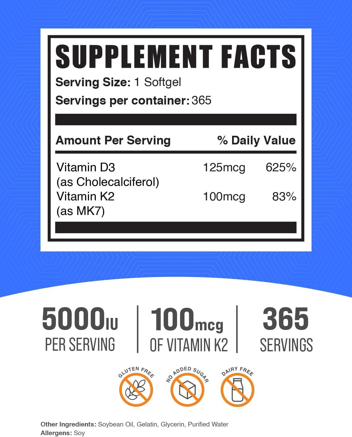 Vitamina D3 + Vitamina K2, 365 softgels, dura 365 días