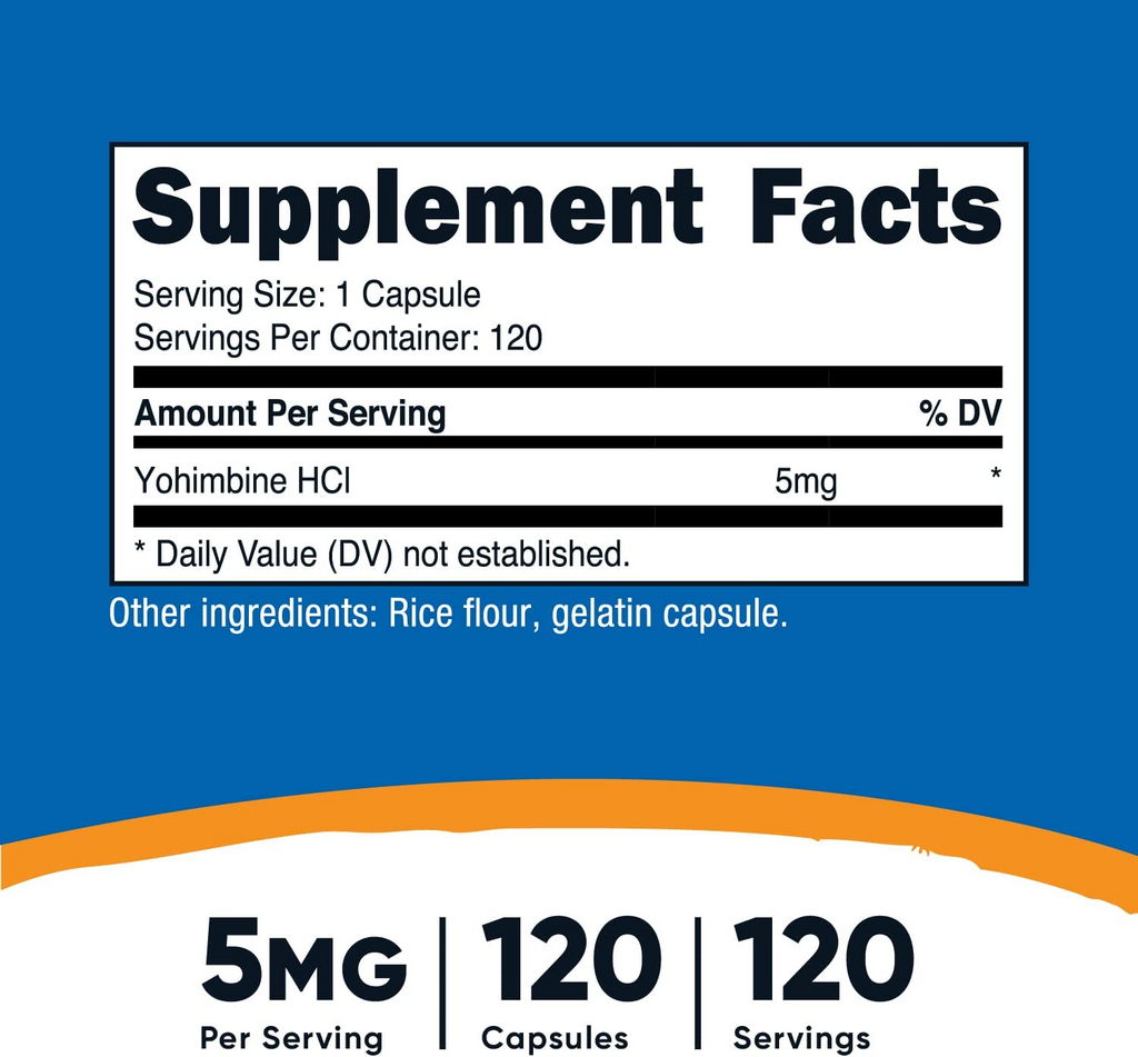 Yohimbine HCl 5mg, 120 cápsulas. Mejora salud sexual, afrodisiaco, disfunción erectil, uso en hombre y mujeres Nutricost