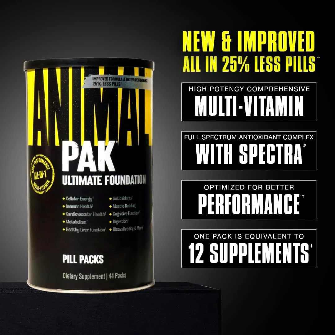 ANIMAL PAK, Envase de 44 paquetes, nueva presentación con menos pastillas por servicio. Todo en uno (Aminoácidos, Vitaminas, Enzimas y mucho mas)
