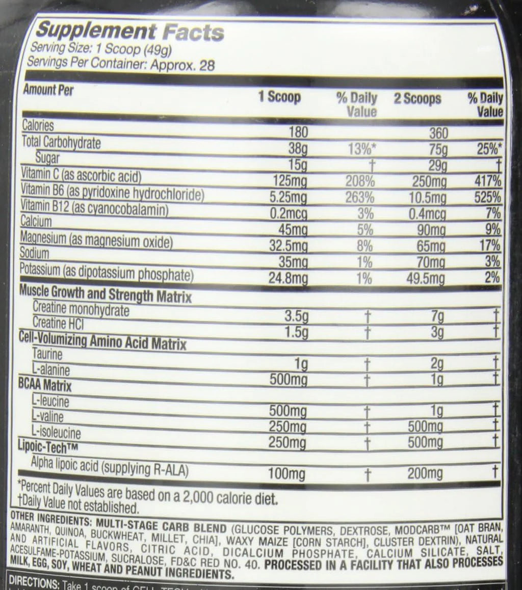Creatina Muscletech, con BCAA, Vitaminas C, B6, B12, Calcio, Magnesio, Potasio. Varios tamaños disponibles CELL TECH