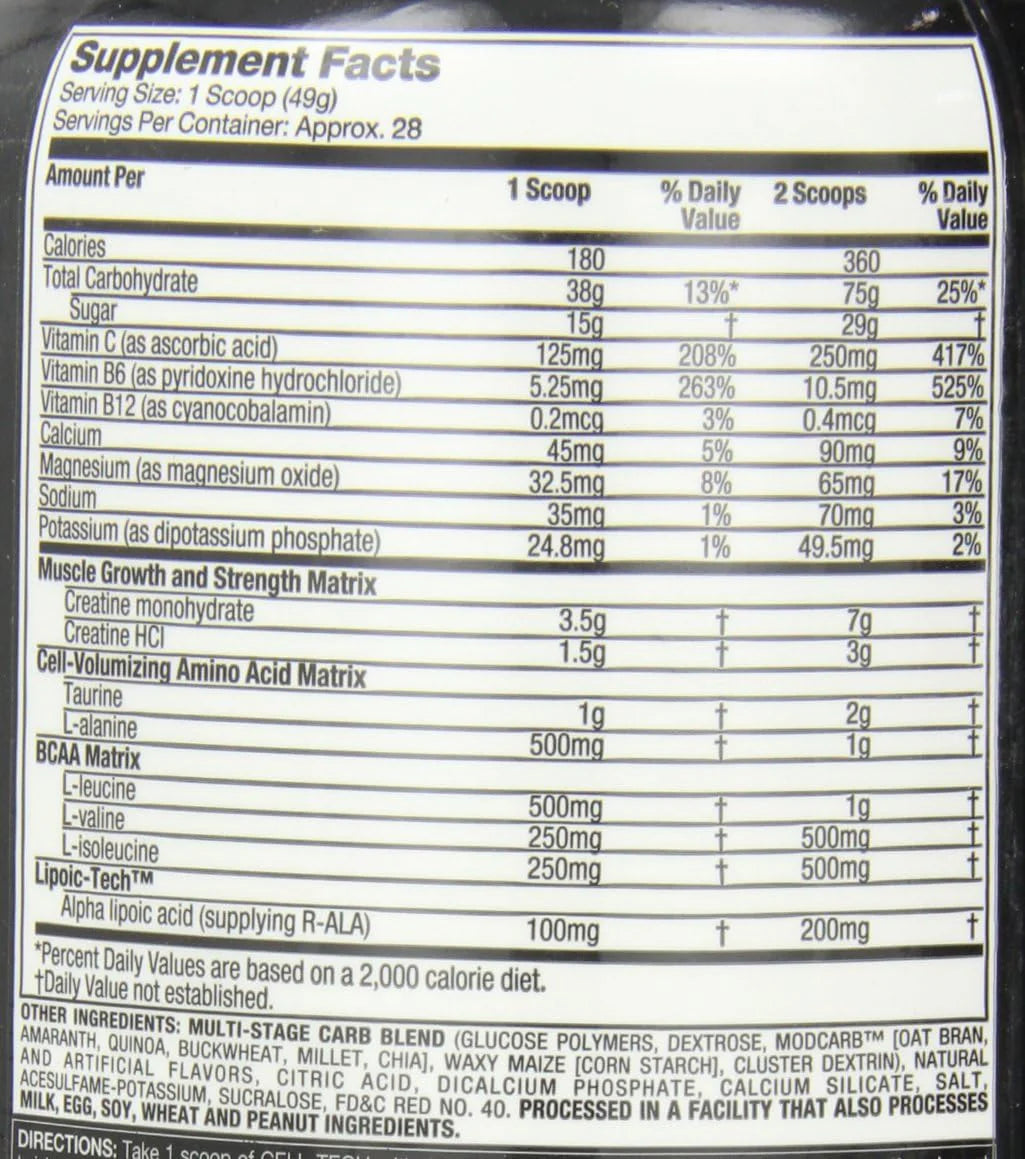 Creatina Muscletech, con BCAA, Vitaminas C, B6, B12, Calcio, Magnesio, Potasio. Varios tamaños disponibles CELL TECH