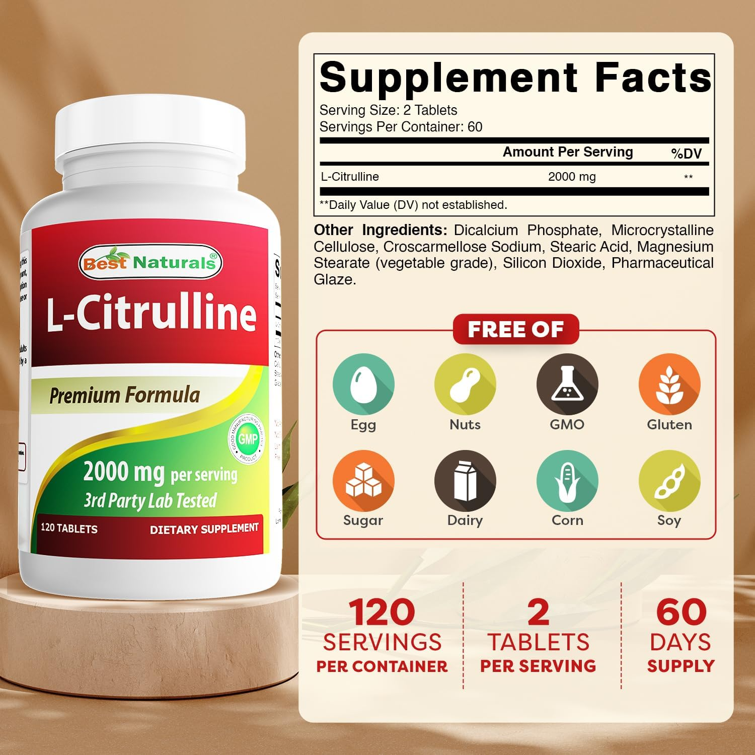 L-Citrulina 2000 mg, Best Naturals, Sin gluten, 120 tabletas