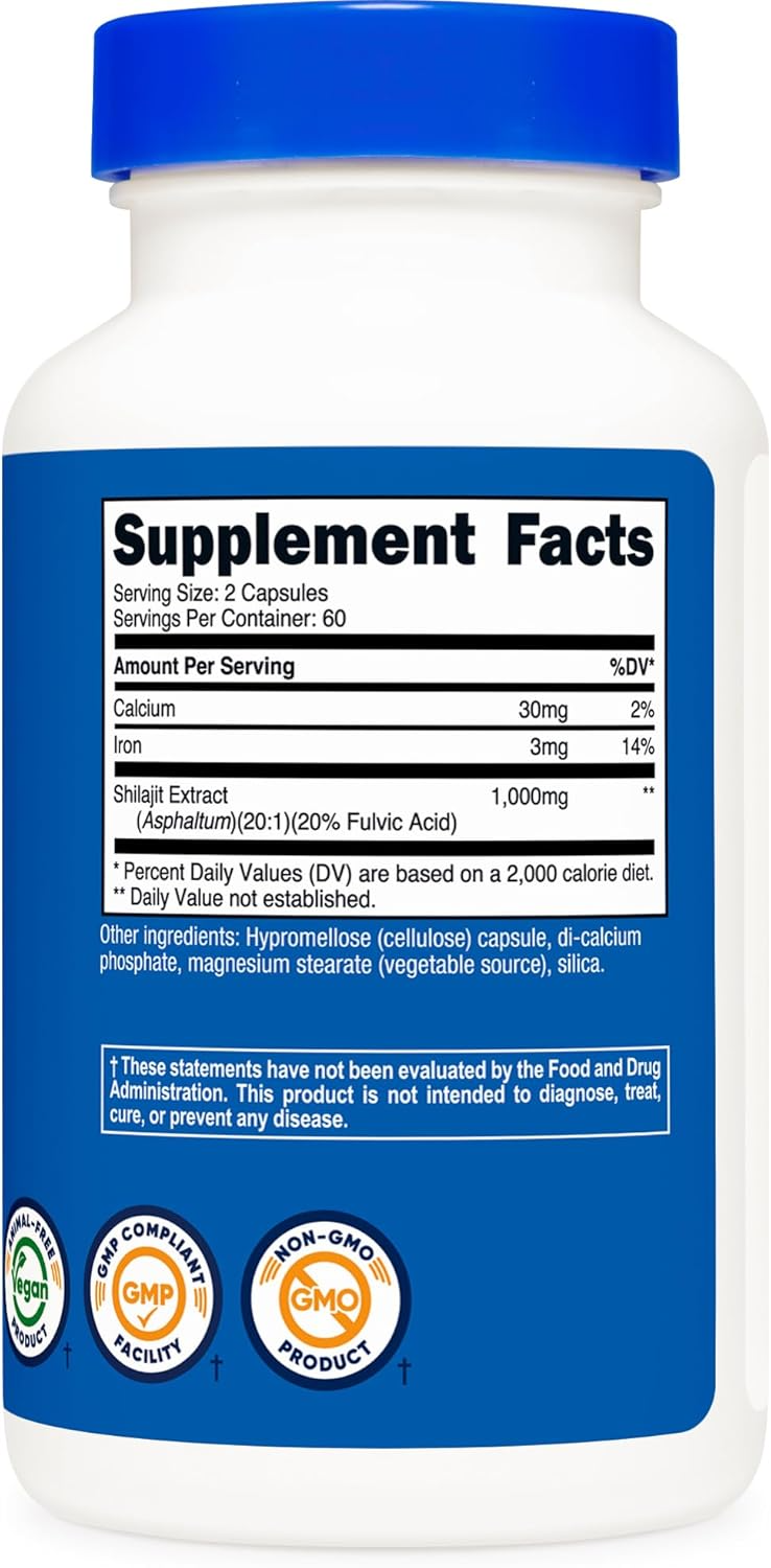 Shilajit 1000 mg por servicio, con ácido fúlvico de origen natural, 120 cápsulas Nutricost