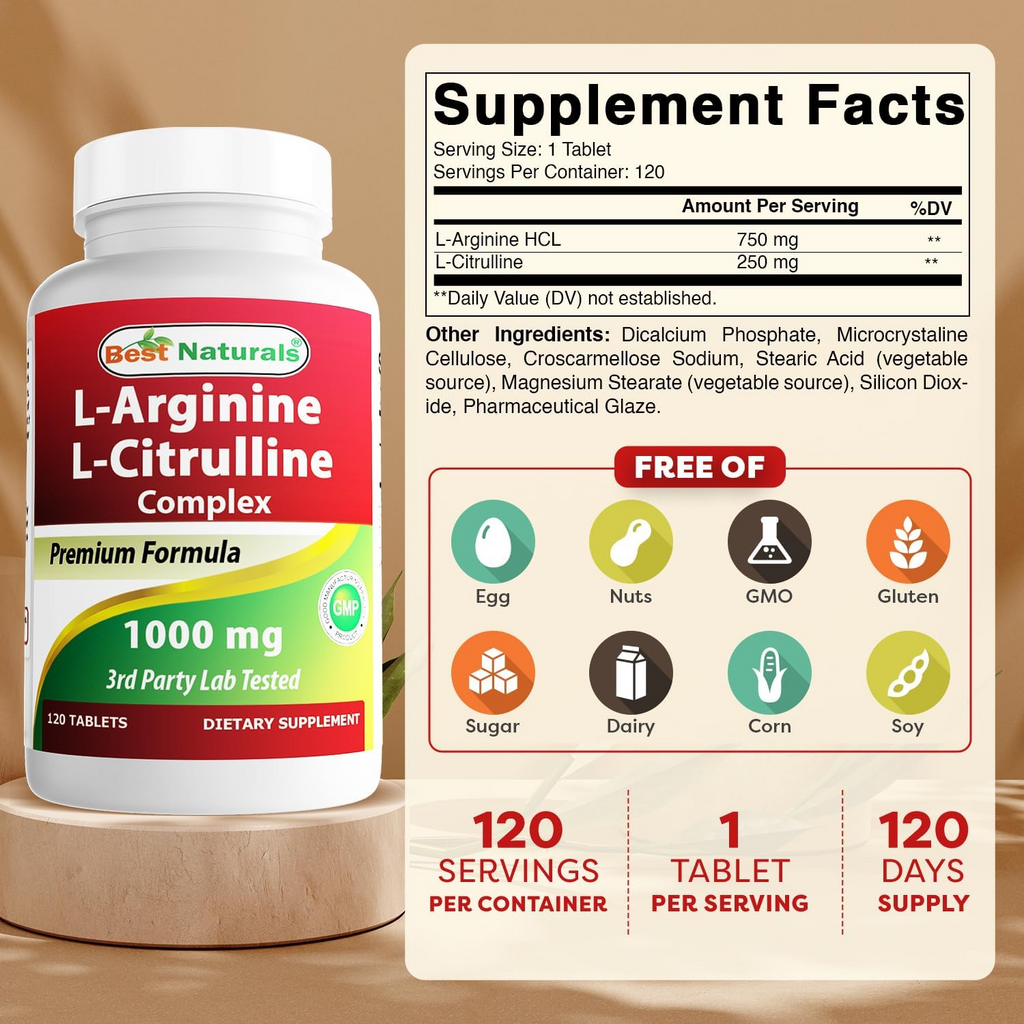 L-Arginina y L-Citrulina, Best Naturals, 1000 mg, 120 tabletas