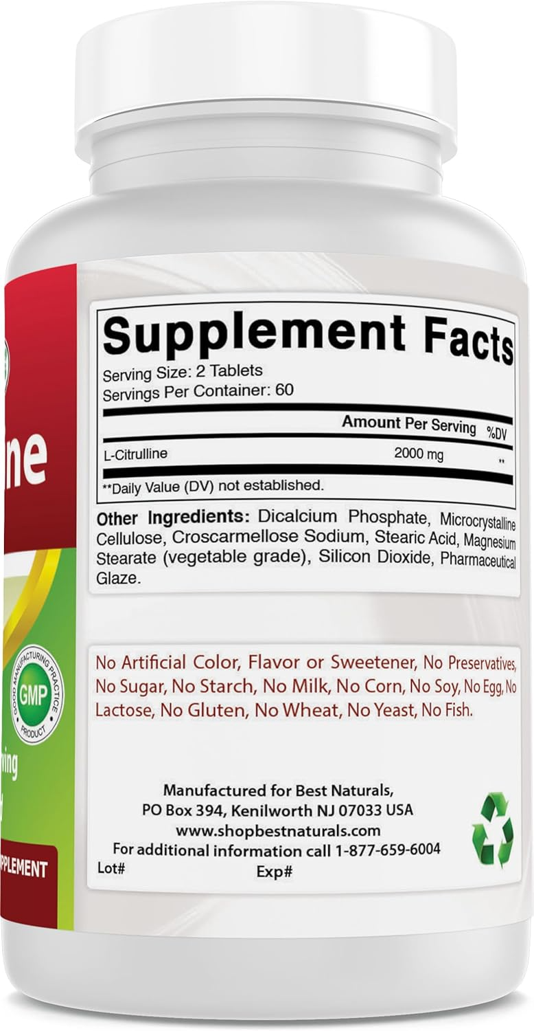 L-Citrulina 2000 mg, Best Naturals, Sin gluten, 120 tabletas