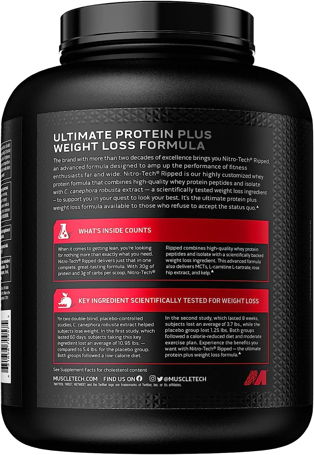 Proteína para perder peso y ganar definición muscular. NitroTech Ripped. Muscletech, Vainilla, Proteína + L-Carnitina. 4 Libras