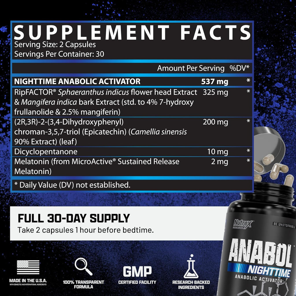 Anabol PM Nighttime, para el desarrollo muscular nocturno y ayuda para dormir | Suplemento anabólico para el desarrollo muscular, ingredient clínicamente investigados, Recuperación y fortalecimiento muscular post-entrenamiento, 60 cápsulas