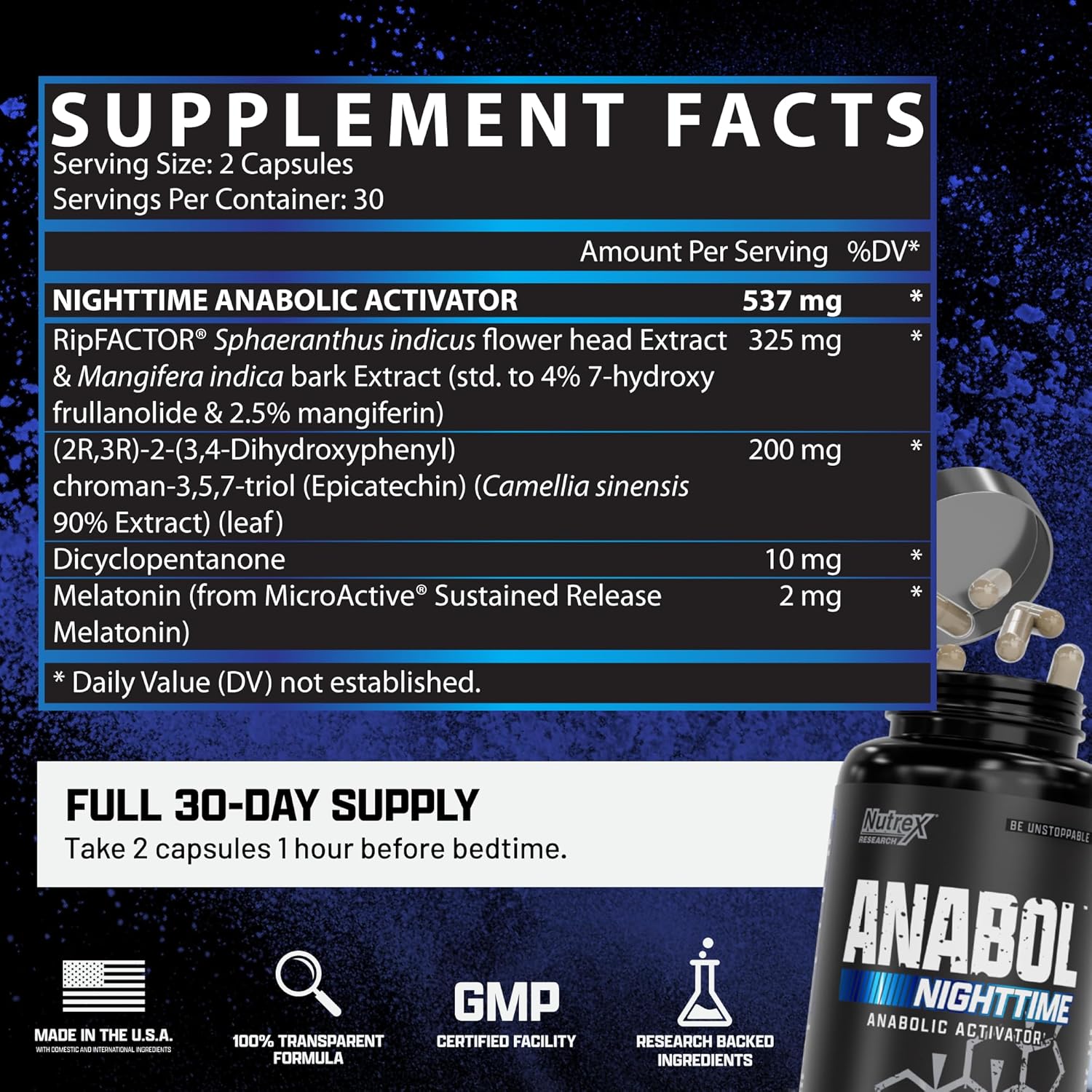 Anabol PM Nighttime, para el desarrollo muscular nocturno y ayuda para dormir | Suplemento anabólico para el desarrollo muscular, ingredient clínicamente investigados, Recuperación y fortalecimiento muscular post-entrenamiento, 60 cápsulas