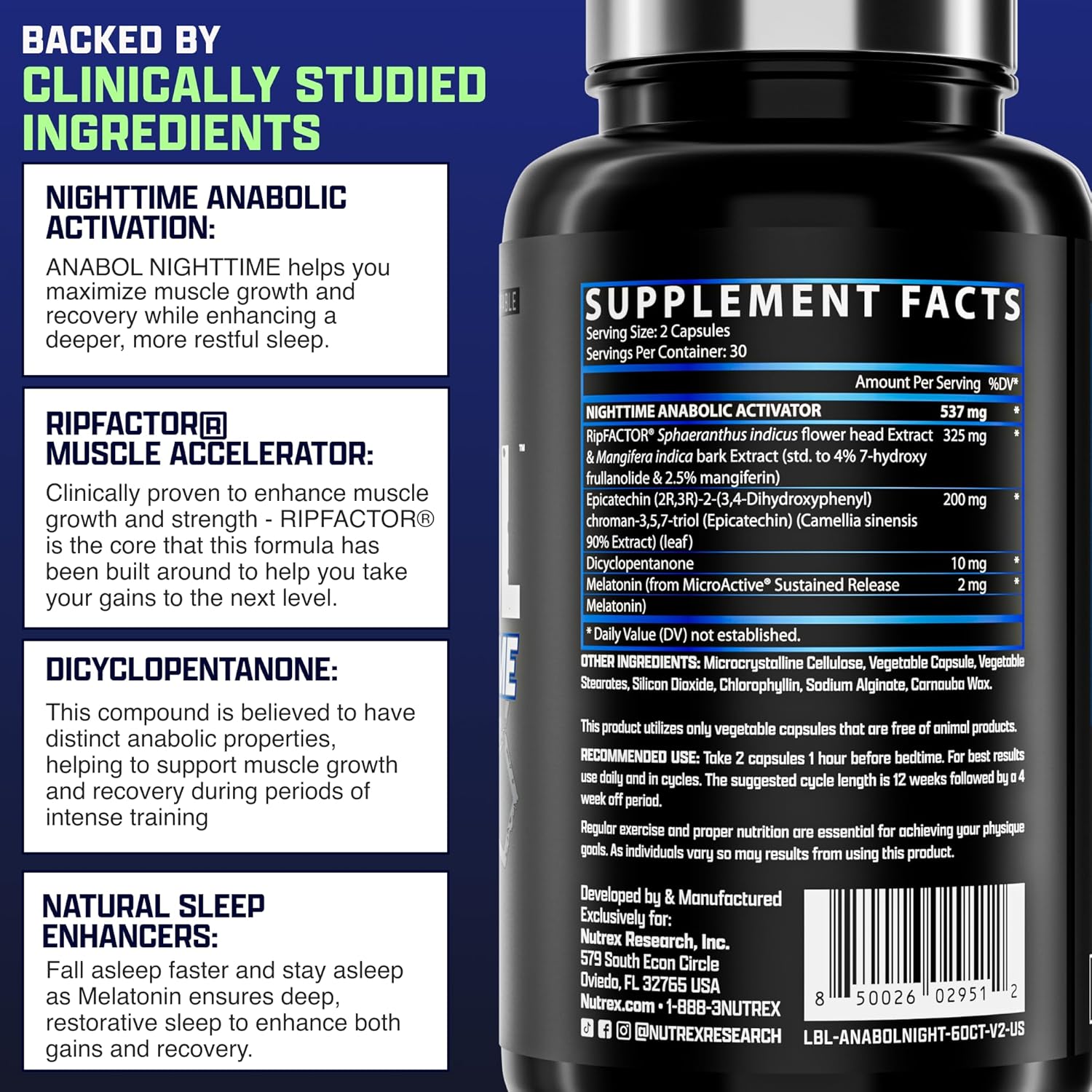 Anabol PM Nighttime, para el desarrollo muscular nocturno y ayuda para dormir | Suplemento anabólico para el desarrollo muscular, ingredient clínicamente investigados, Recuperación y fortalecimiento muscular post-entrenamiento, 60 cápsulas