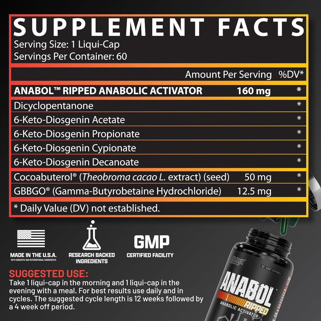 Anabol Ripped Anabolic, Nutrex, suplemento 2 en 1 para desarrollar y definir músculos, 60 cápsulas.