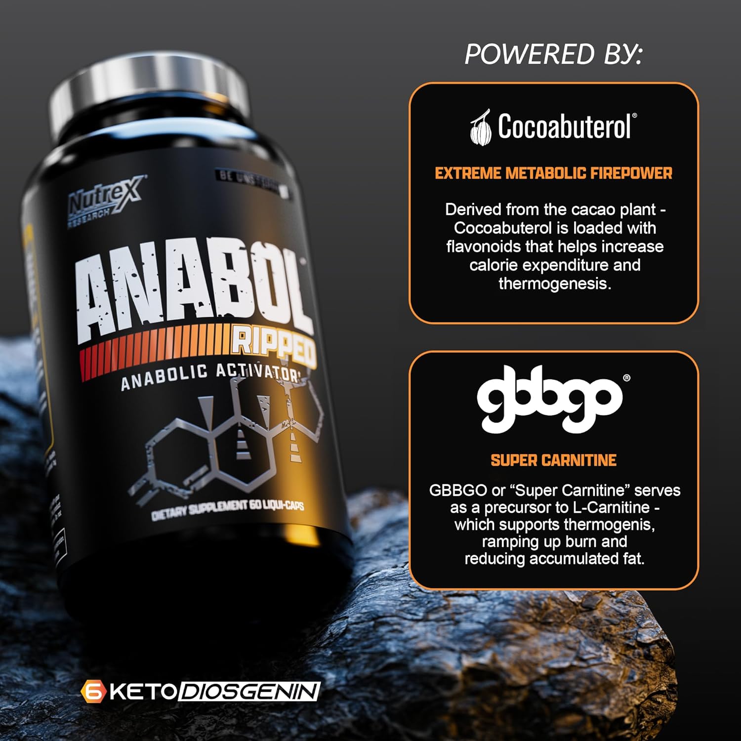 Anabol Ripped Anabolic, Nutrex, suplemento 2 en 1 para desarrollar y definir músculos, 60 cápsulas.