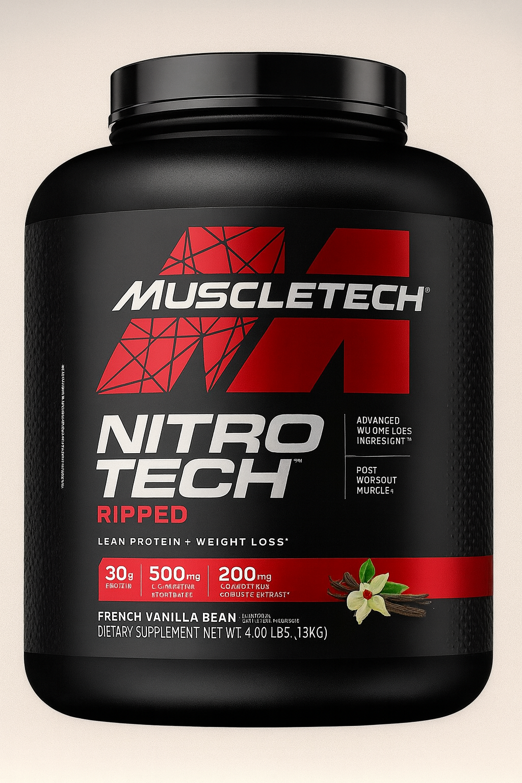 Proteína para perder peso y ganar definición muscular. NitroTech Ripped. Muscletech, Vainilla, Proteína + L-Carnitina. 4 Libras